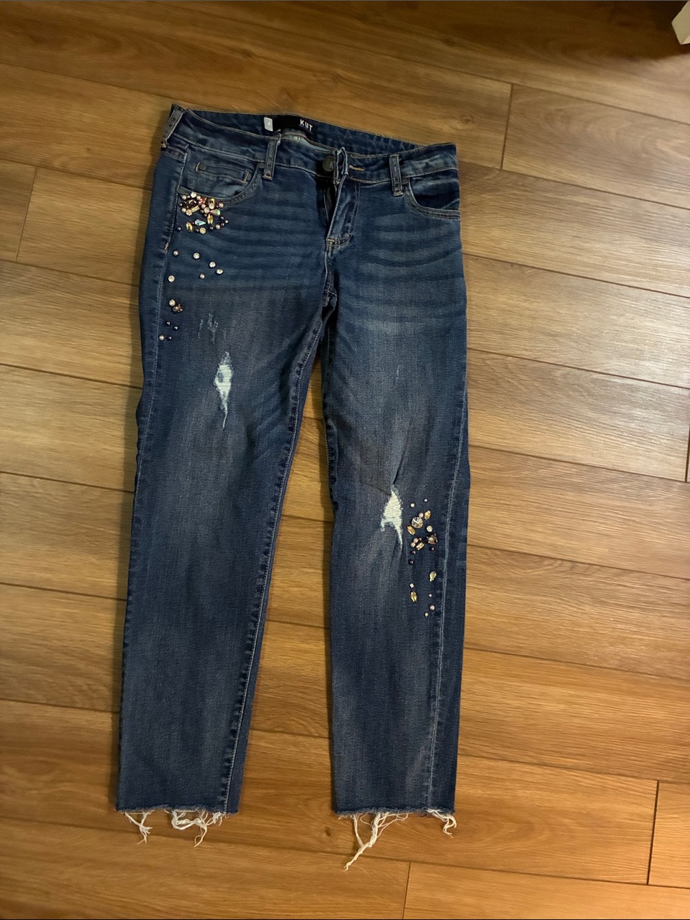 Kut from the Kloth Navy Distressed Ankle Jeans with Beaded Accents